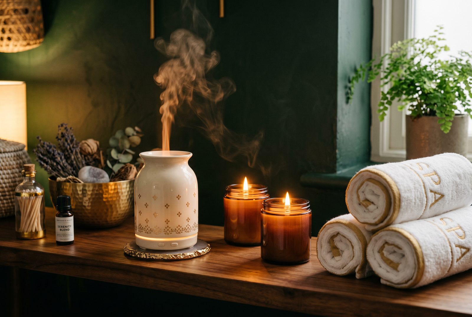 Aromatherapy diffuser and candles in an elegant dark green spa