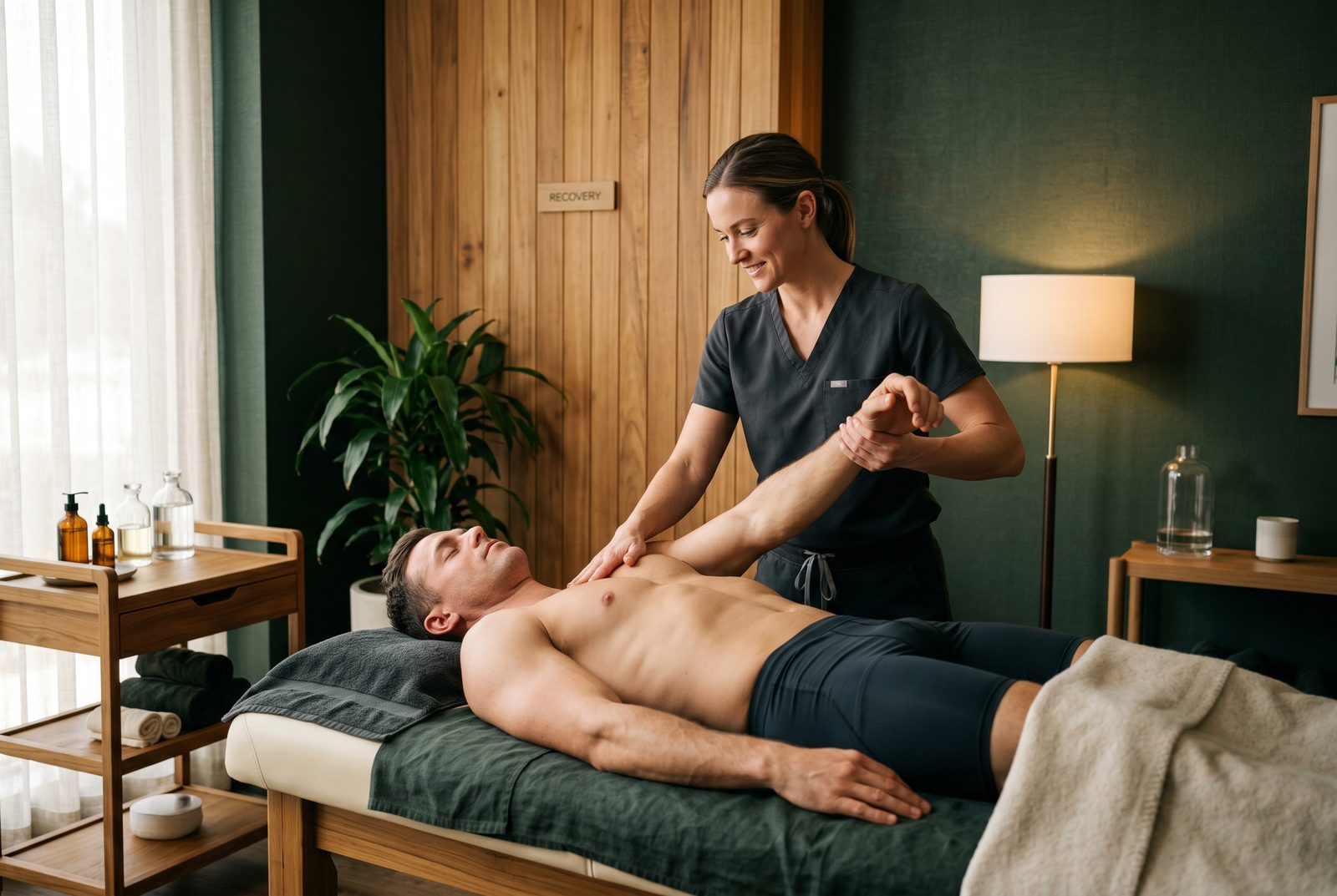 Therapist performing an assisted shoulder stretch on a massage table