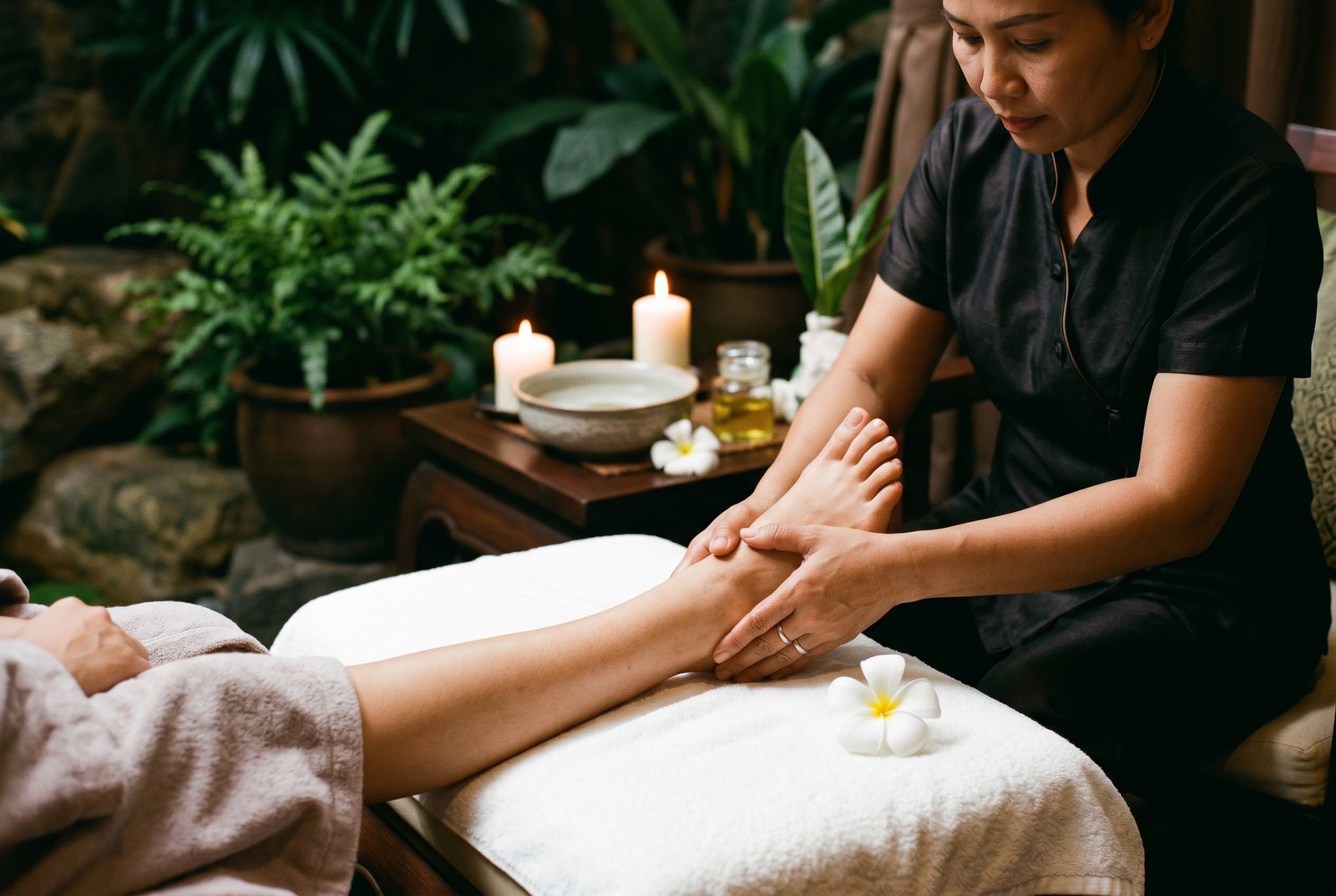 Foot reflexology session with thumb pressure on the arch in a luxury Thai spa