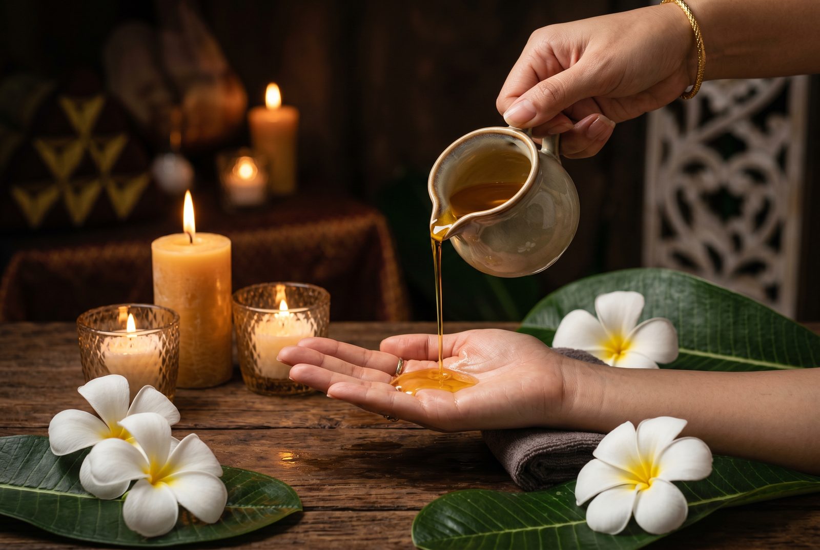 Warm golden massage oil poured with candles and frangipani flowers in a Thai spa