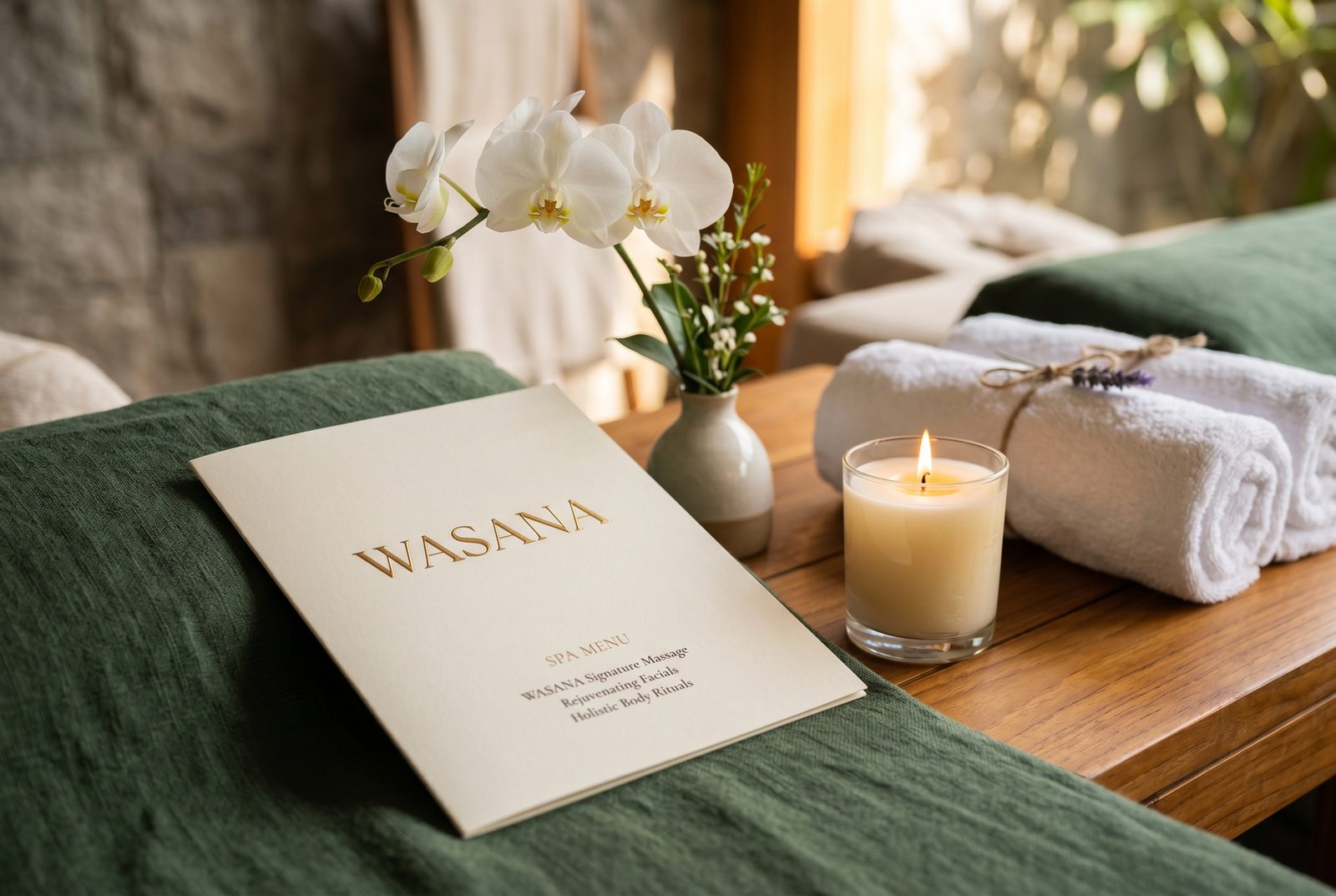 Elegant spa menu card with gold lettering, orchid and towels in a luxury Koh Samui spa