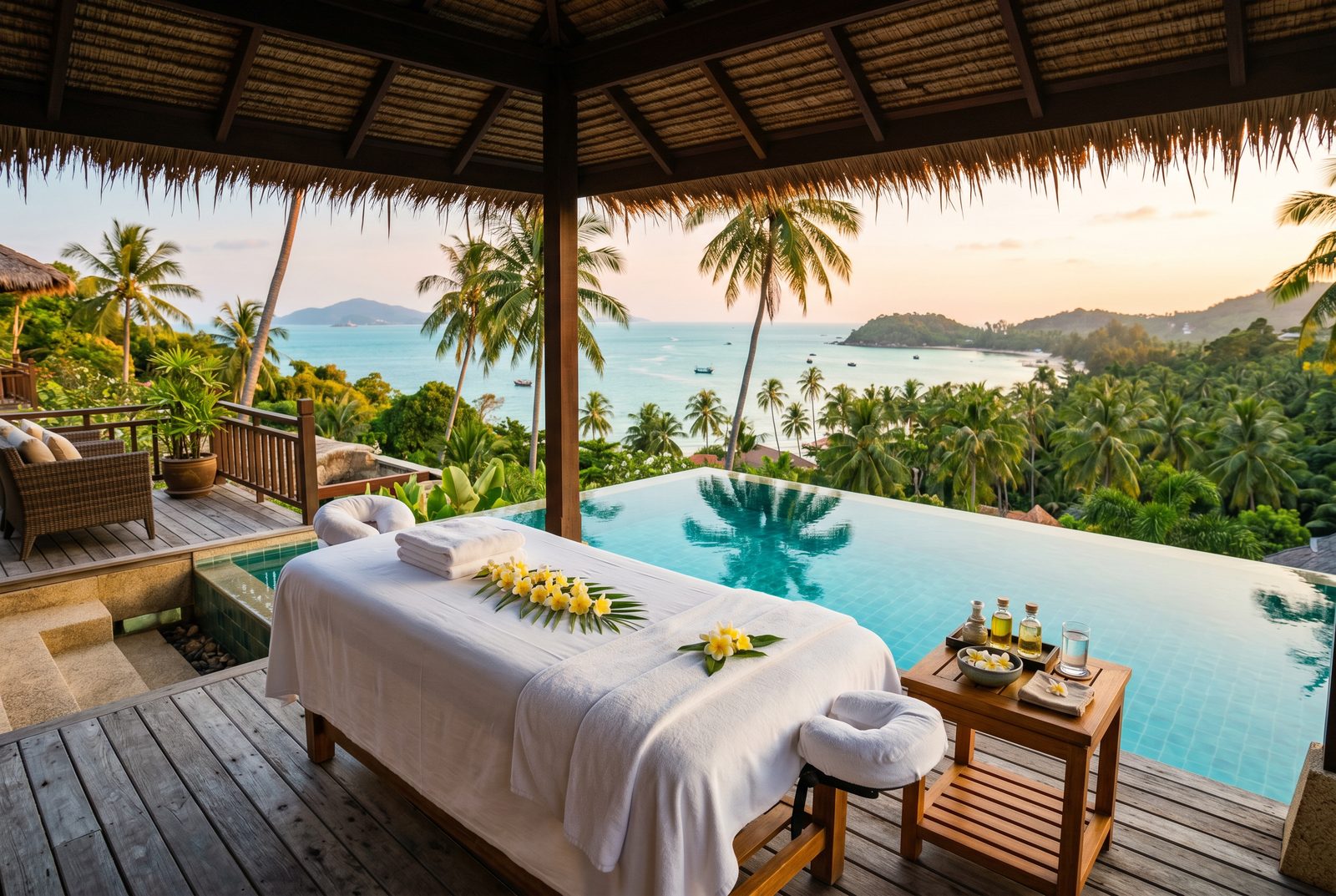 Massage table set up on a luxury pool villa terrace overlooking the sea in Koh Samui